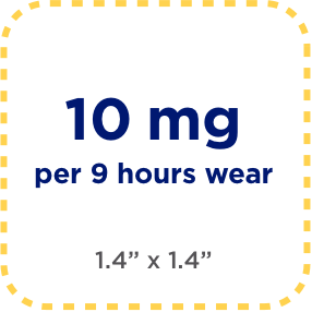 Representation of 10 mg per 9 hours, 1.375”x1.375” of DAYTRANA patch medication