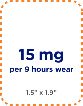 Representation of 15 mg (per 9 hours, 1.375”x1.875”, 1.375”x1.375” of DAYTRANA patch medication