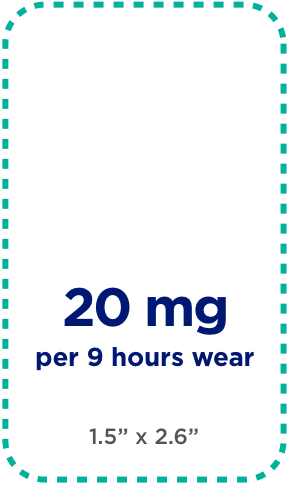 Representation of 20 mg per 9 hours, 1.5”x2.5” of DAYTRANA patch medication