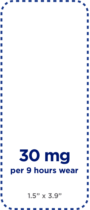 Representation of 30 mg per 9 hours, 1.5”x3.5” of DAYTRANA patch medication